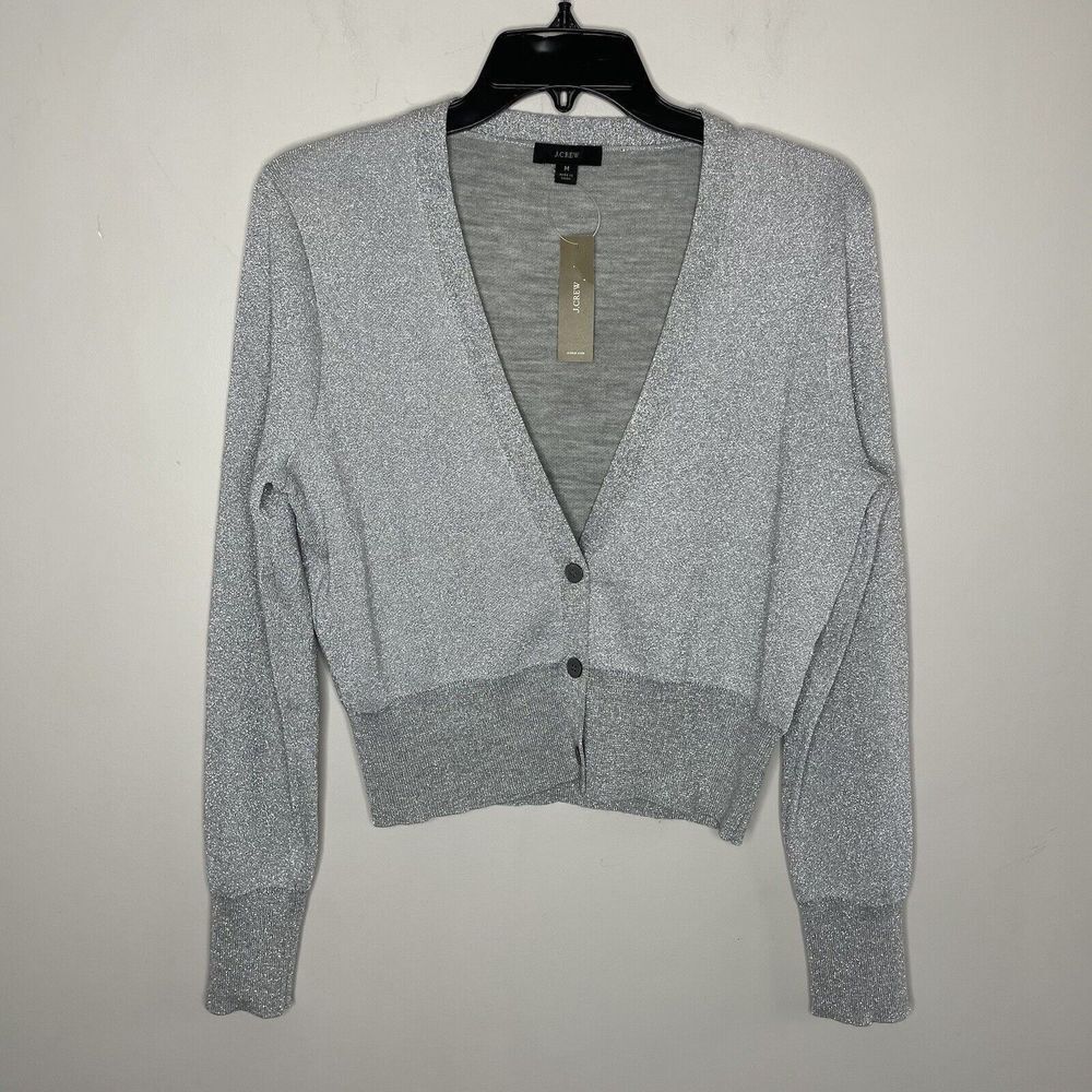 J.CREW Cardigan Womens Medium Metallic Crop Sweater NEW Silver Wool Blend BD616